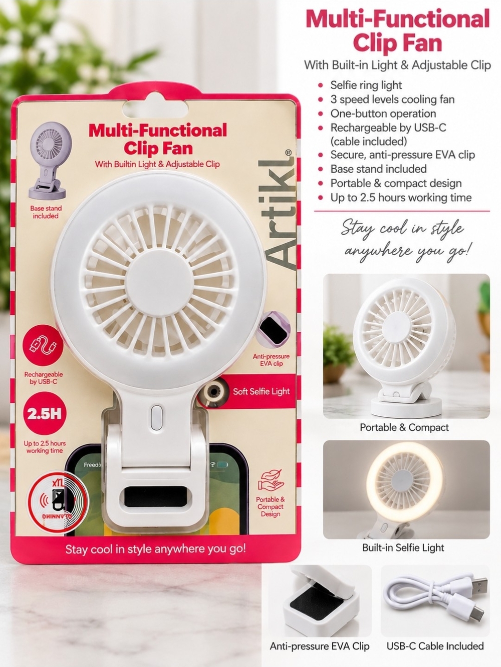 Multi-Functional Clip Fan with Selfie Light - White